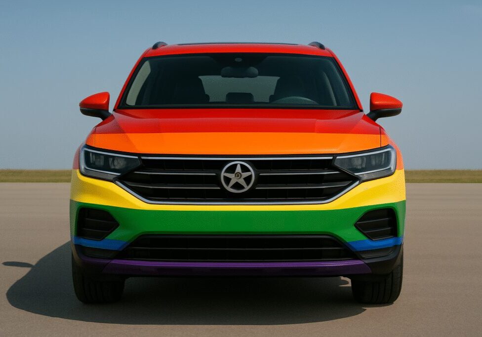 Front of an SUV painted in Pride colors Front of an SUV painted in Pride colors